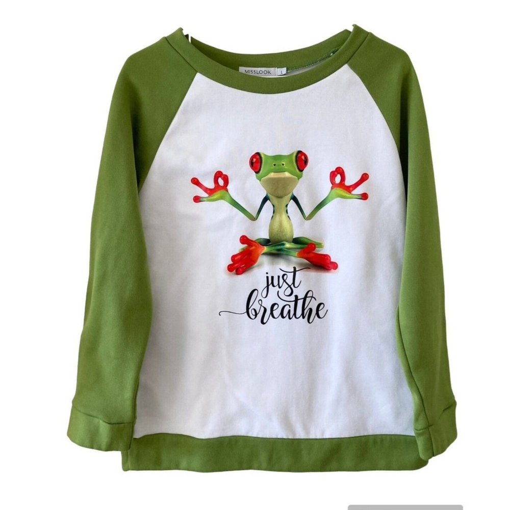 Misslook Sweatshirt Top “Just Breathe” Yoga Frog Womens Size Large White & Green